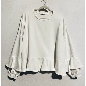 Zara Top Womens Large White Puffy Ruffle Sleeve Ruffle Hem Jersey Knit Oversized